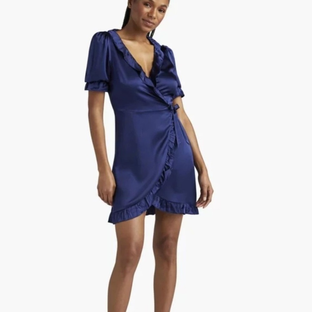 Hill House Nima Silk Blue Ruffle Wrap Mini Dress Size XS
